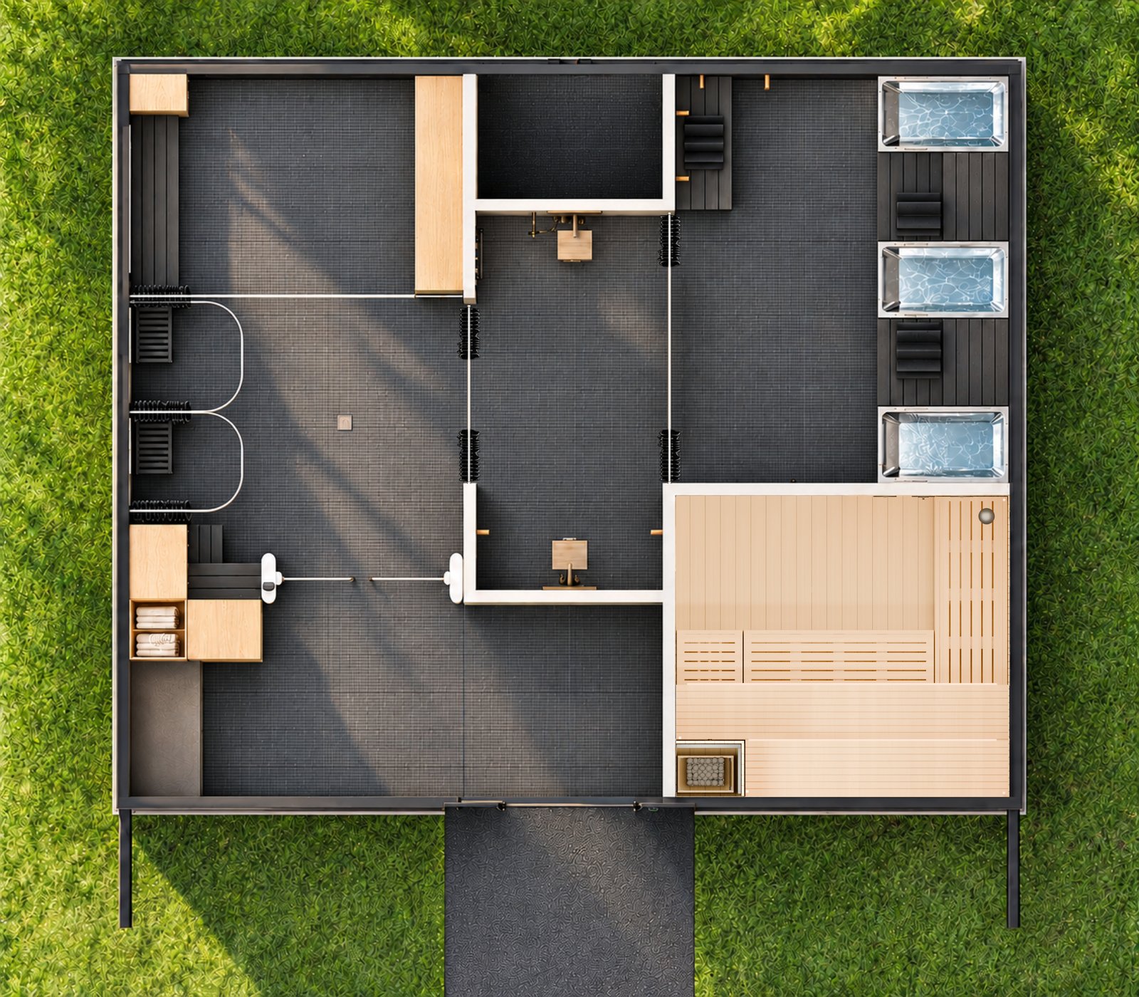Floor plan of the Wellness Space seen from above: three cold plunges, sauna, showers and changing area